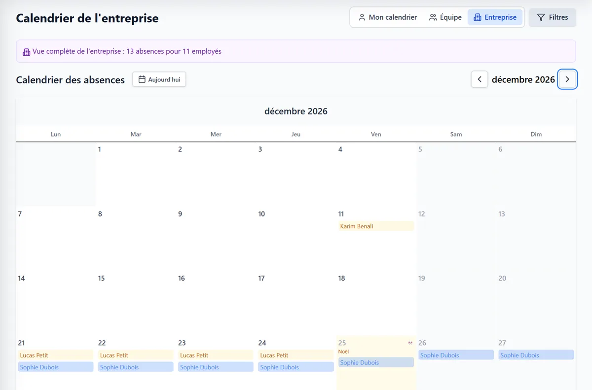 Calendrier des absences de l'entreprise dans RHPro Suite