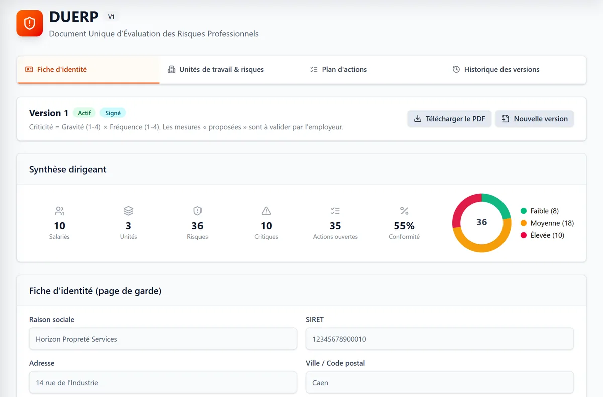 DUERP : synthèse des risques et fiche d'identité