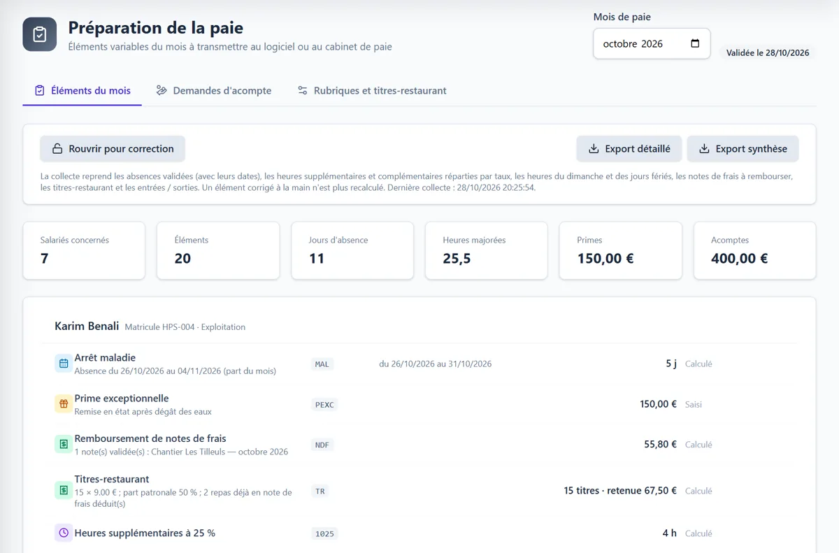 Préparation de la paie : éléments variables du mois par salarié